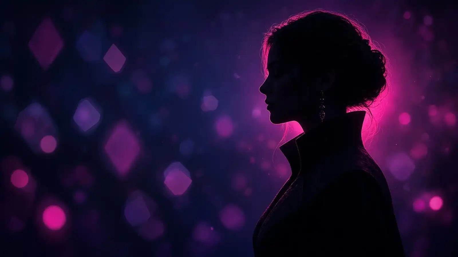 Silhouette misteriosa di un personaggio con luce di contorno magenta