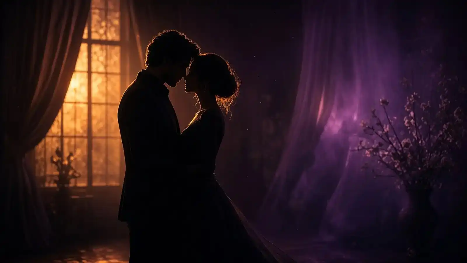 Silueta atmosférica de una pareja bajo una luz íntima ámbar y violeta